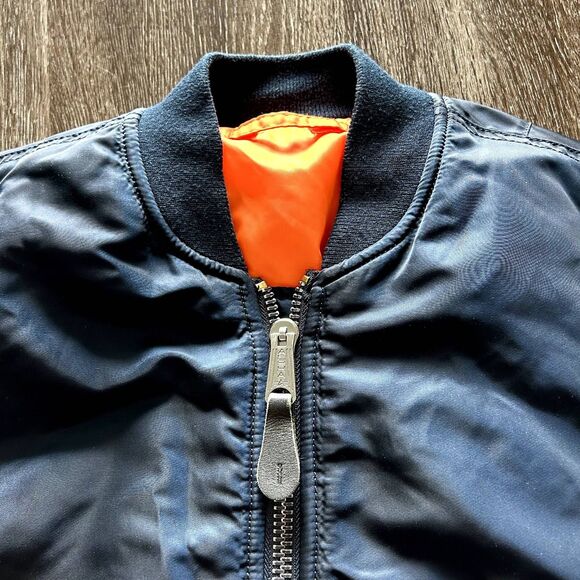 Alpha Industries MA-1 Bomber Flight Jacket Navy Blue Orange Lining Size Small F - Picture 11 of 13